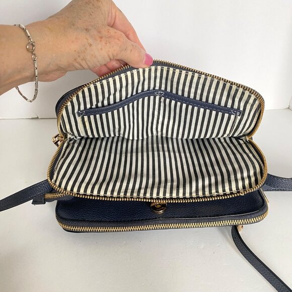 Navy Blue Pleather Crossbody Purse Multi Section Adj Strap Gold Tone Zippers - Picture 6 of 14